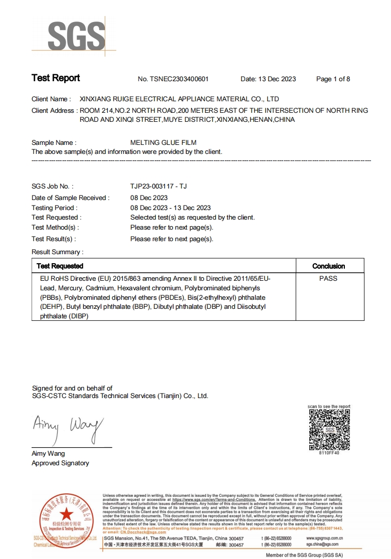 Hot melt adhesive film inspection report